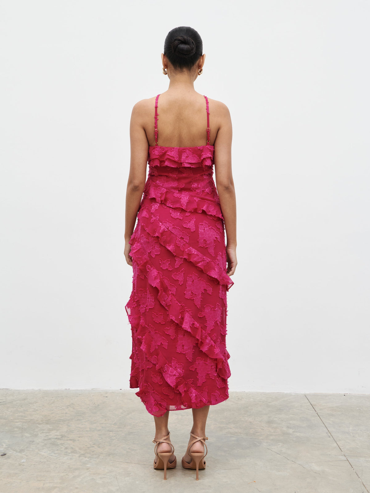 Aryana Jacquard Ruffle Midaxi Dress - Berry