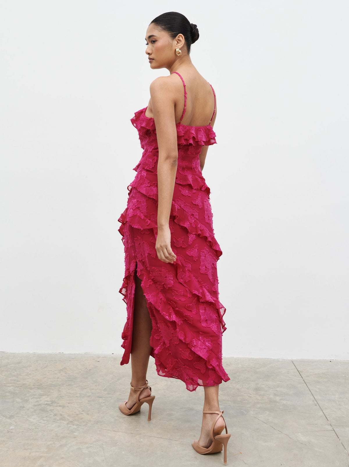 Aryana Jacquard Ruffle Midaxi Dress - Berry