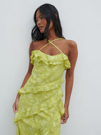 Aryana Jacquard Ruffle Midaxi Dress - Chartreuse