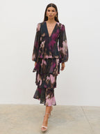Ashton Ruffle Midi Dress - Purple and Khaki Ombre