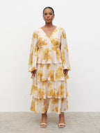 Ashton Ruffle Midaxi Dress Curve - Yellow Ochre Floral