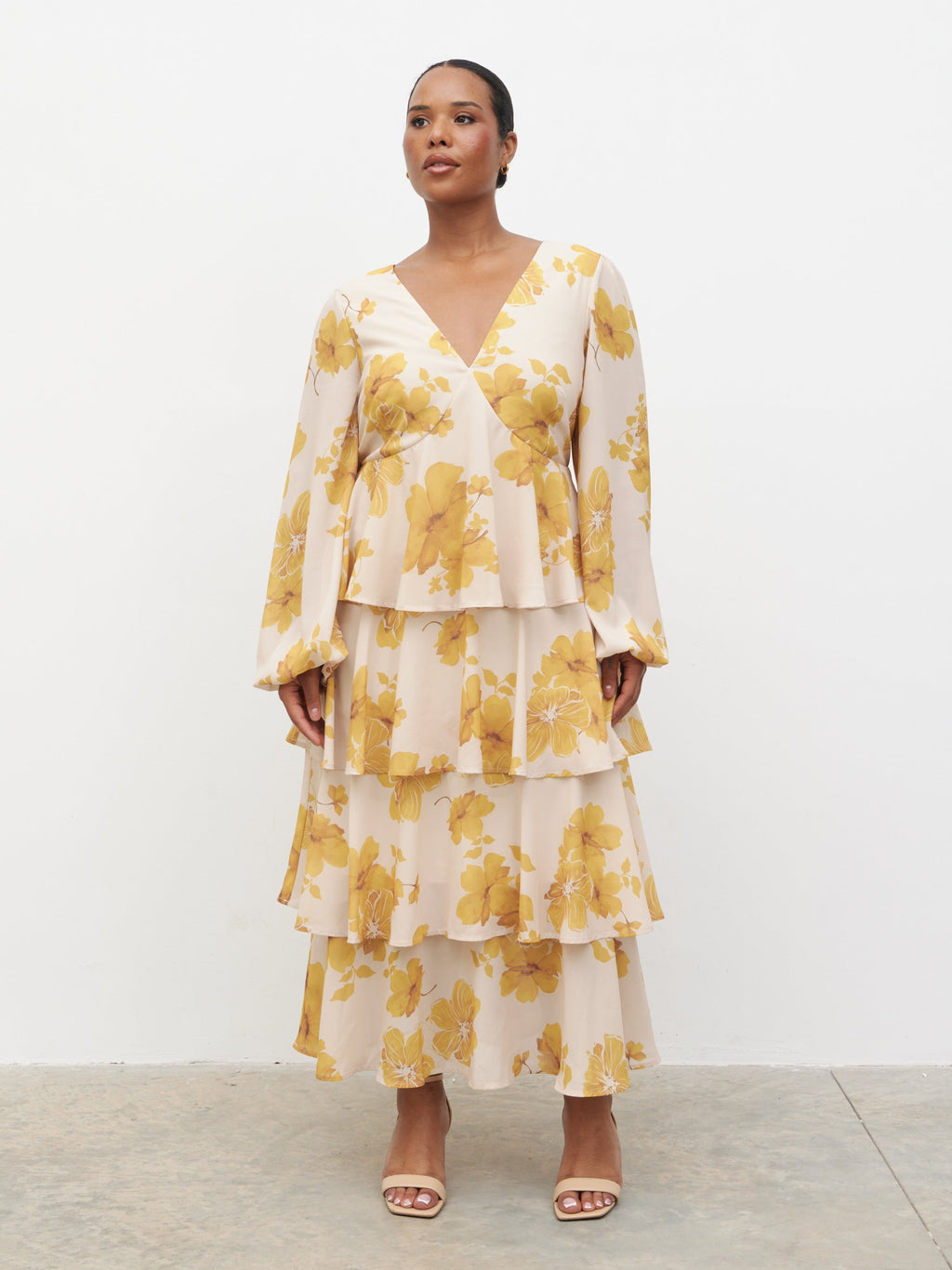 Ashton Ruffle Midaxi Dress Curve - Yellow Ochre Floral