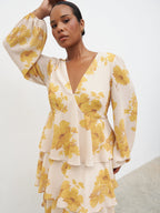 Ashton Ruffle Midaxi Dress Curve - Yellow Ochre Floral