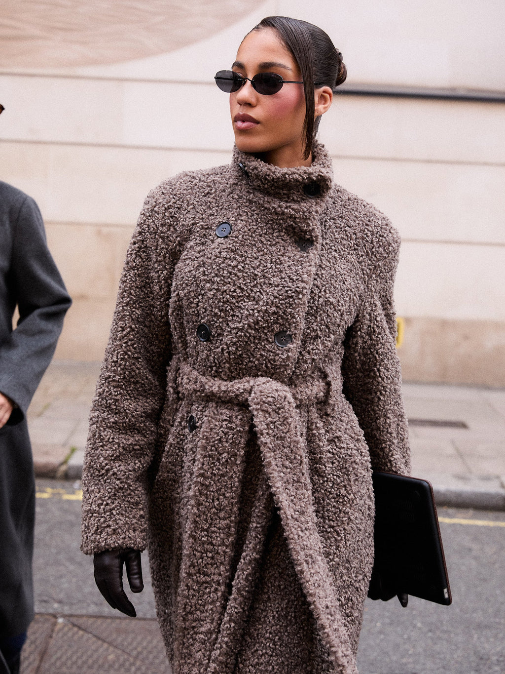 Atlas Boucle Funnel Neck Longline Coat - Mushroom