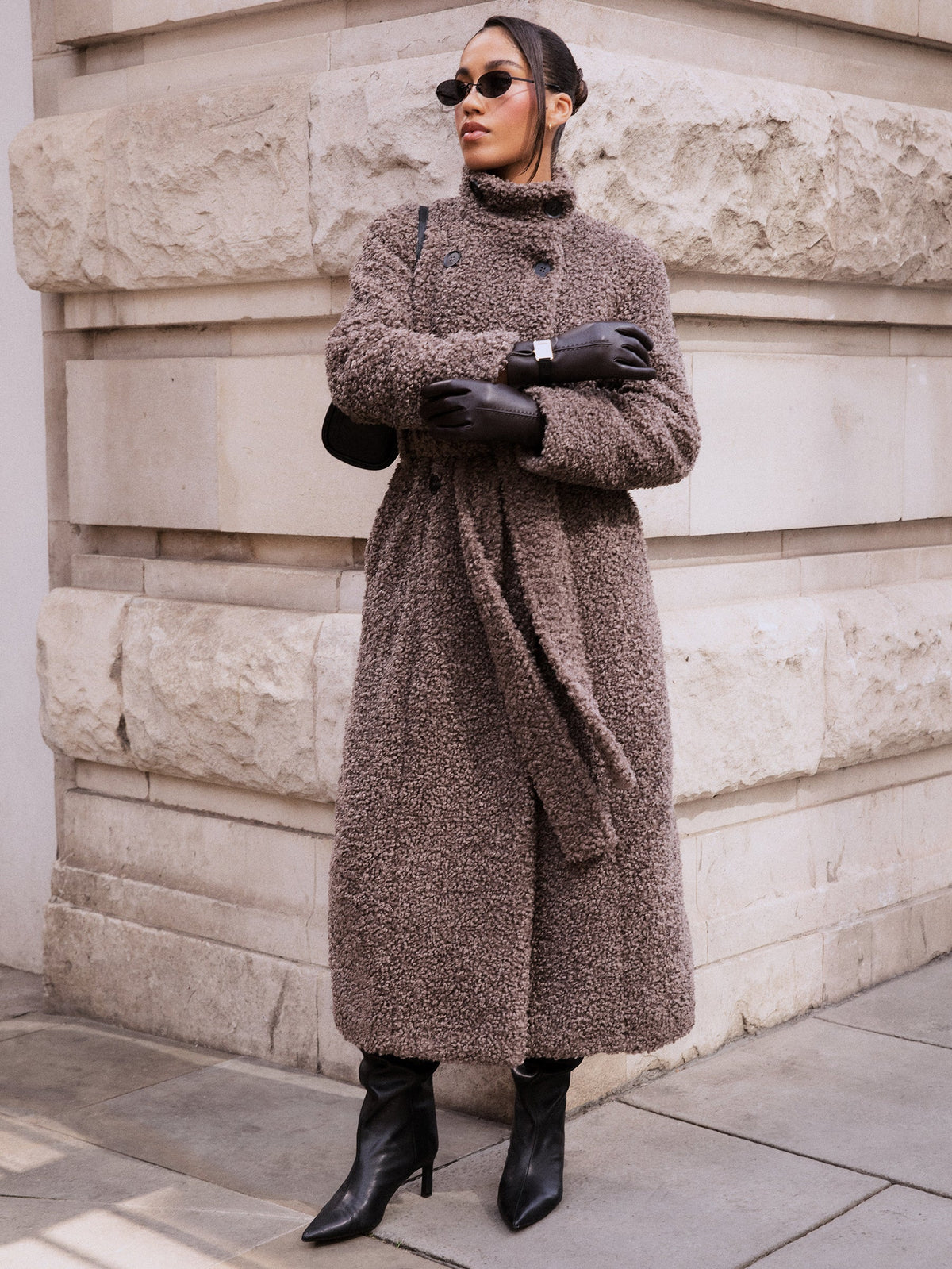 Atlas Boucle Funnel Neck Longline Coat - Mushroom