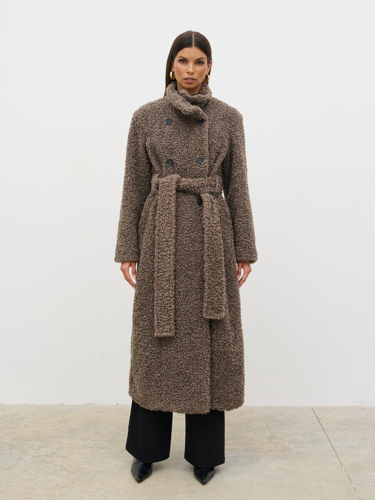 Atlas Boucle Funnel Neck Longline Coat - Mushroom