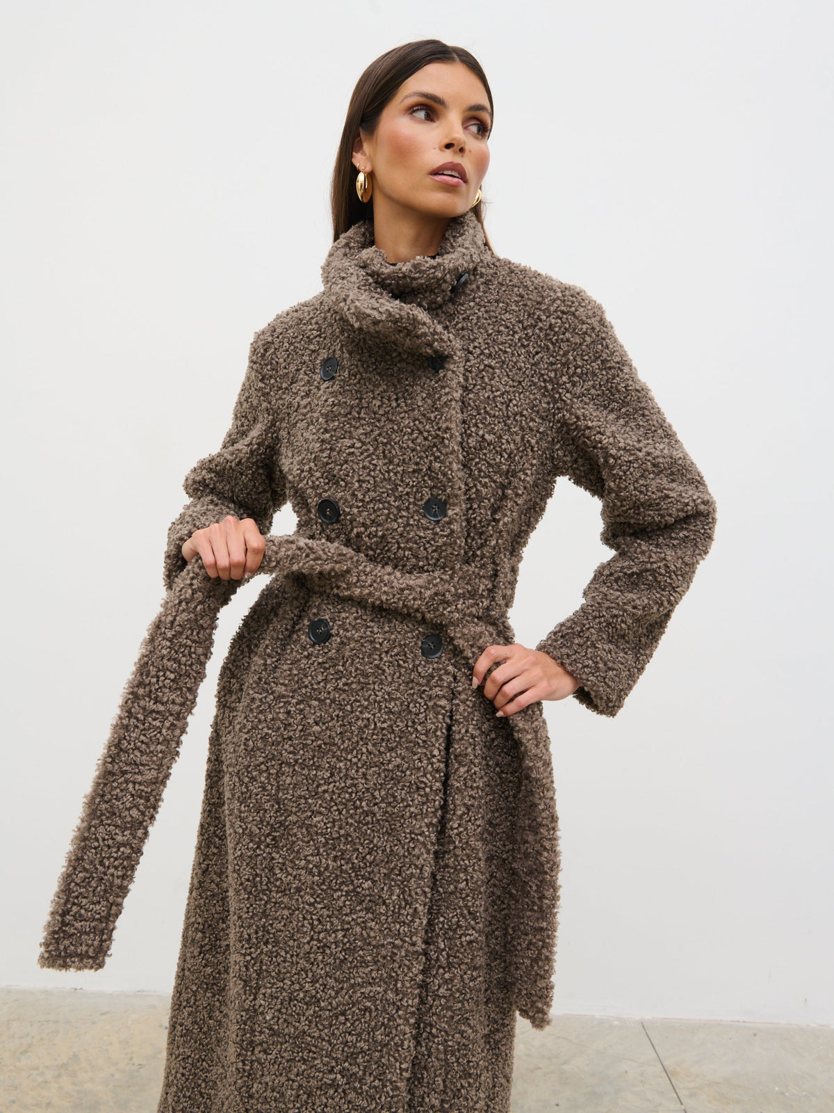 Atlas Boucle Funnel Neck Longline Coat - Mushroom