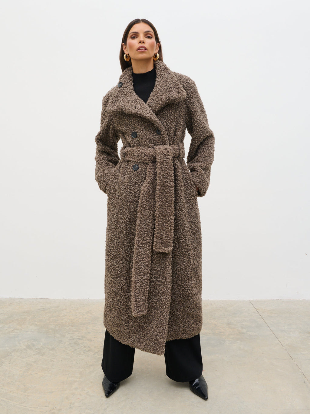 Atlas Boucle Funnel Neck Longline Coat - Mushroom