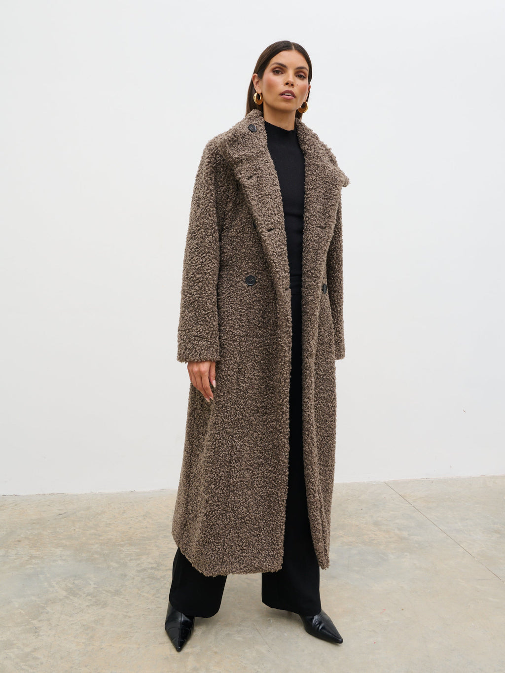 Atlas Boucle Funnel Neck Longline Coat - Mushroom