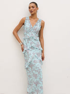Aurelia Ruffle Maxi Dress - Seaspray and Brown Floral