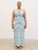 Aurelia Ruffle Maxi Dress Curve - Seaspray and Brown Floral