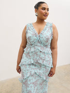 Aurelia Ruffle Maxi Dress Curve - Seaspray and Brown Floral