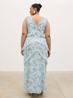Aurelia Ruffle Maxi Dress Curve - Seaspray and Brown Floral