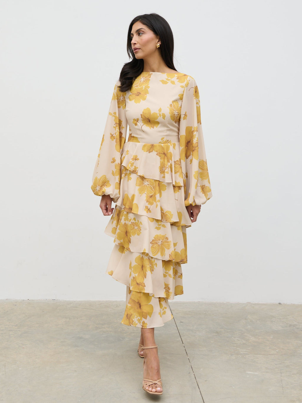 Beatris Backless Ruffle Midaxi Dress - Yellow Ochre Floral