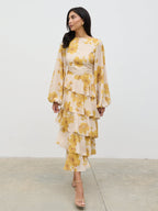 Beatris Backless Ruffle Midaxi Dress - Yellow Ochre Floral