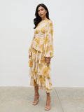 Beatris Backless Ruffle Midaxi Dress - Yellow Ochre Floral
