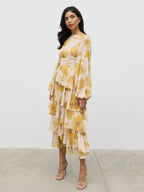 Beatris Backless Ruffle Midaxi Dress - Yellow Ochre Floral