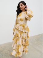 Beatris Backless Ruffle Midaxi Dress - Yellow Ochre Floral