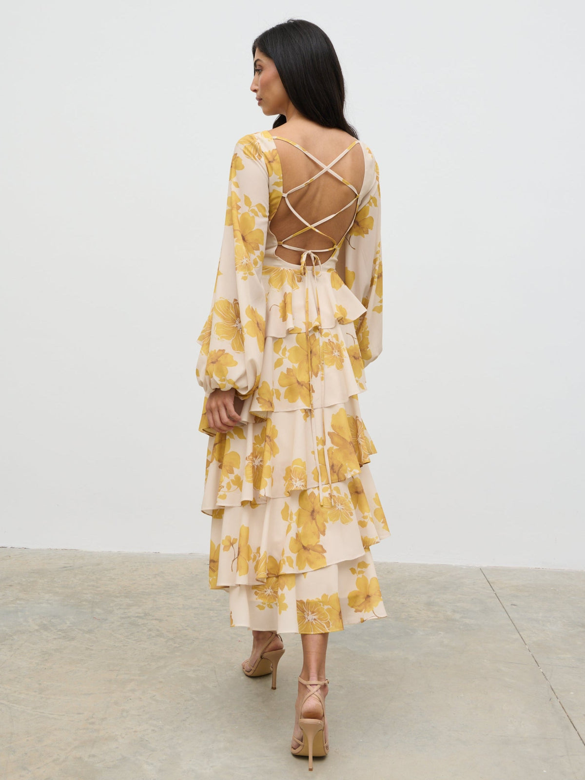 Beatris Backless Ruffle Midaxi Dress - Yellow Ochre Floral