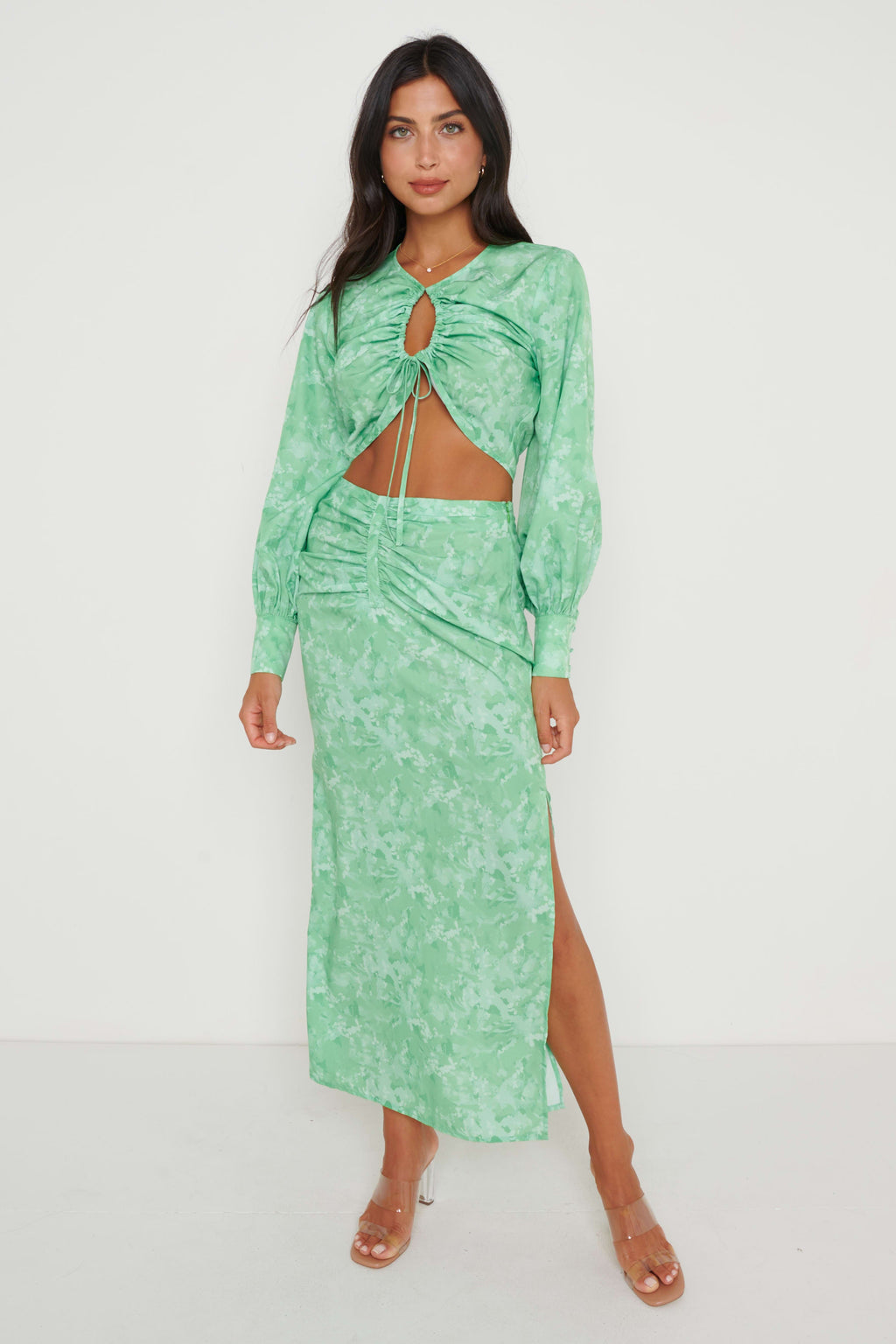 Bec Drawstring Top - Green Abstract Floral