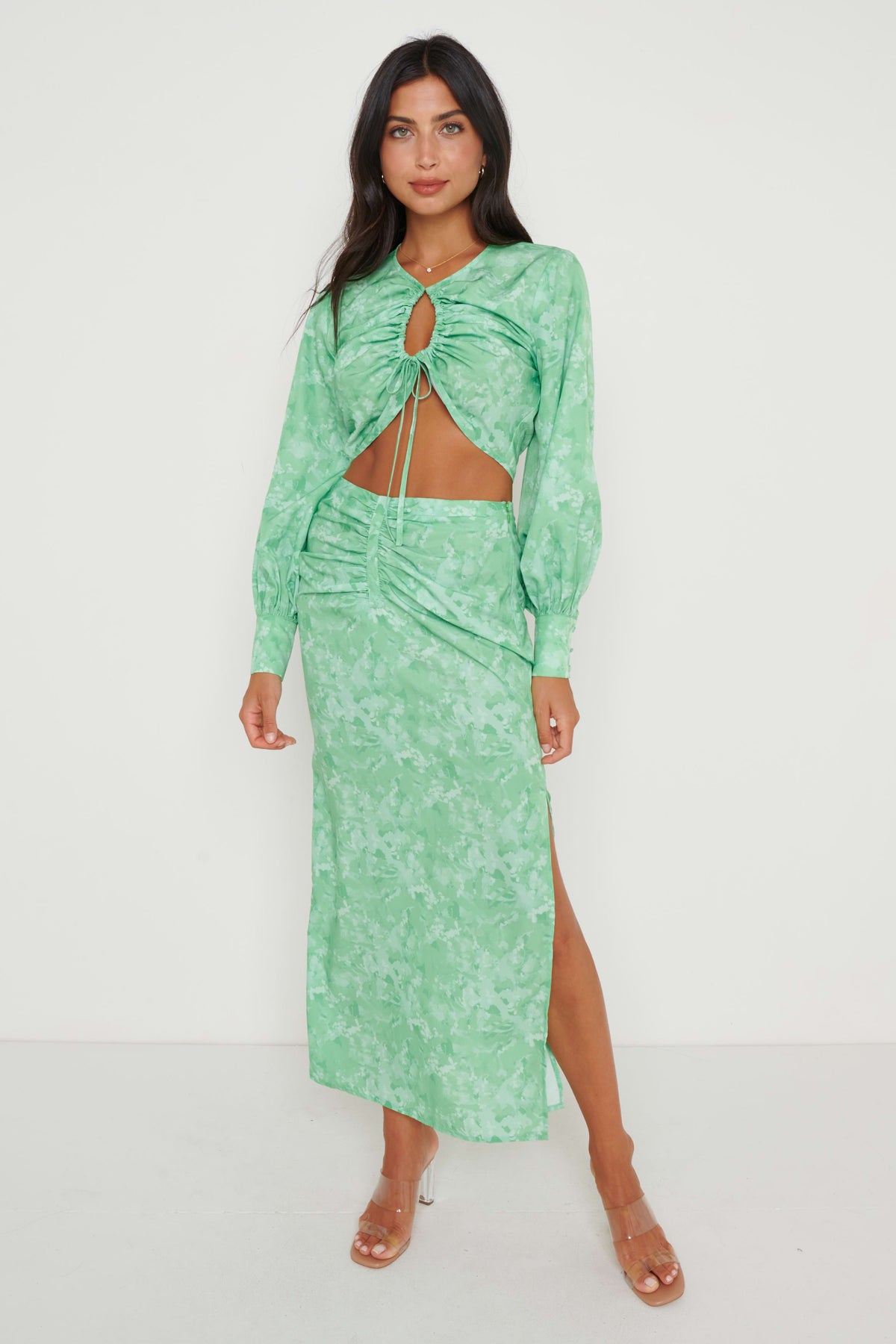 Bec Drawstring Top - Green Abstract Floral