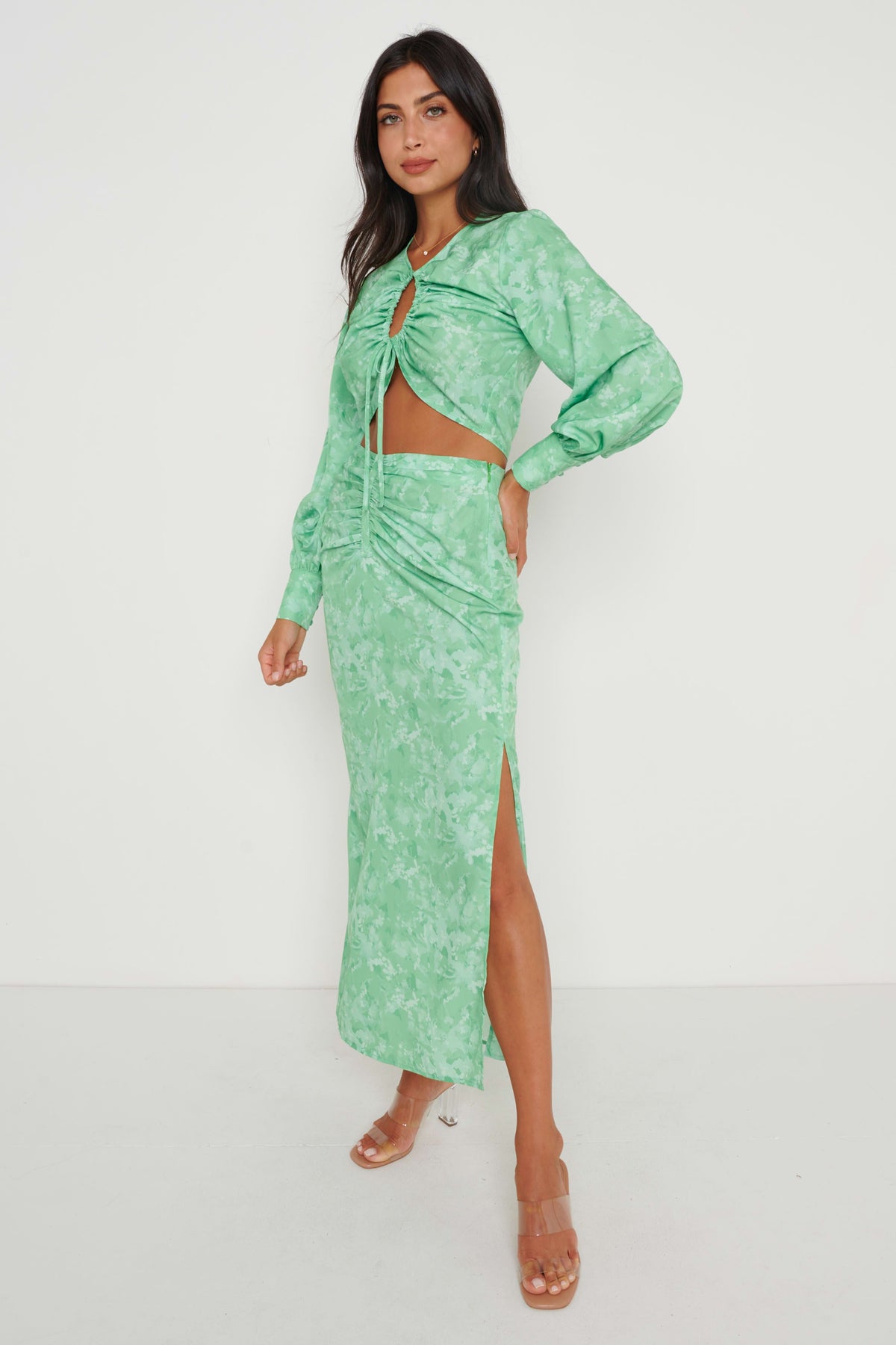 Bec Drawstring Top - Green Abstract Floral