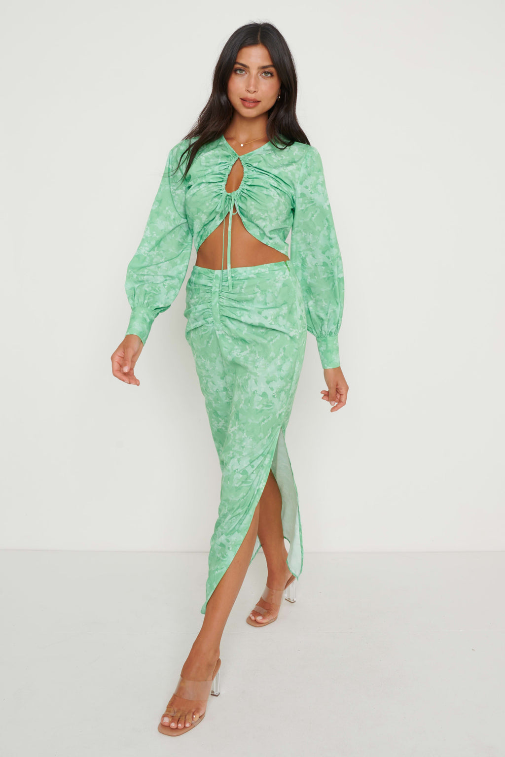 Bec Drawstring Top - Green Abstract Floral