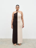 Berkley Contrast Knit Maxi Dress Curve - Beige and Chocolate Brown