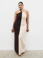 Berkley Contrast Knit Maxi Dress Curve - Beige and Chocolate Brown