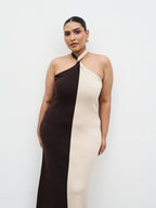 Berkley Contrast Knit Maxi Dress Curve - Beige and Chocolate Brown
