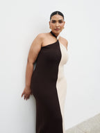 Berkley Contrast Knit Maxi Dress Curve - Beige and Chocolate Brown