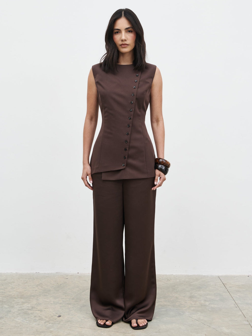 Brylee Asymmetric Button Waistcoat - Brown