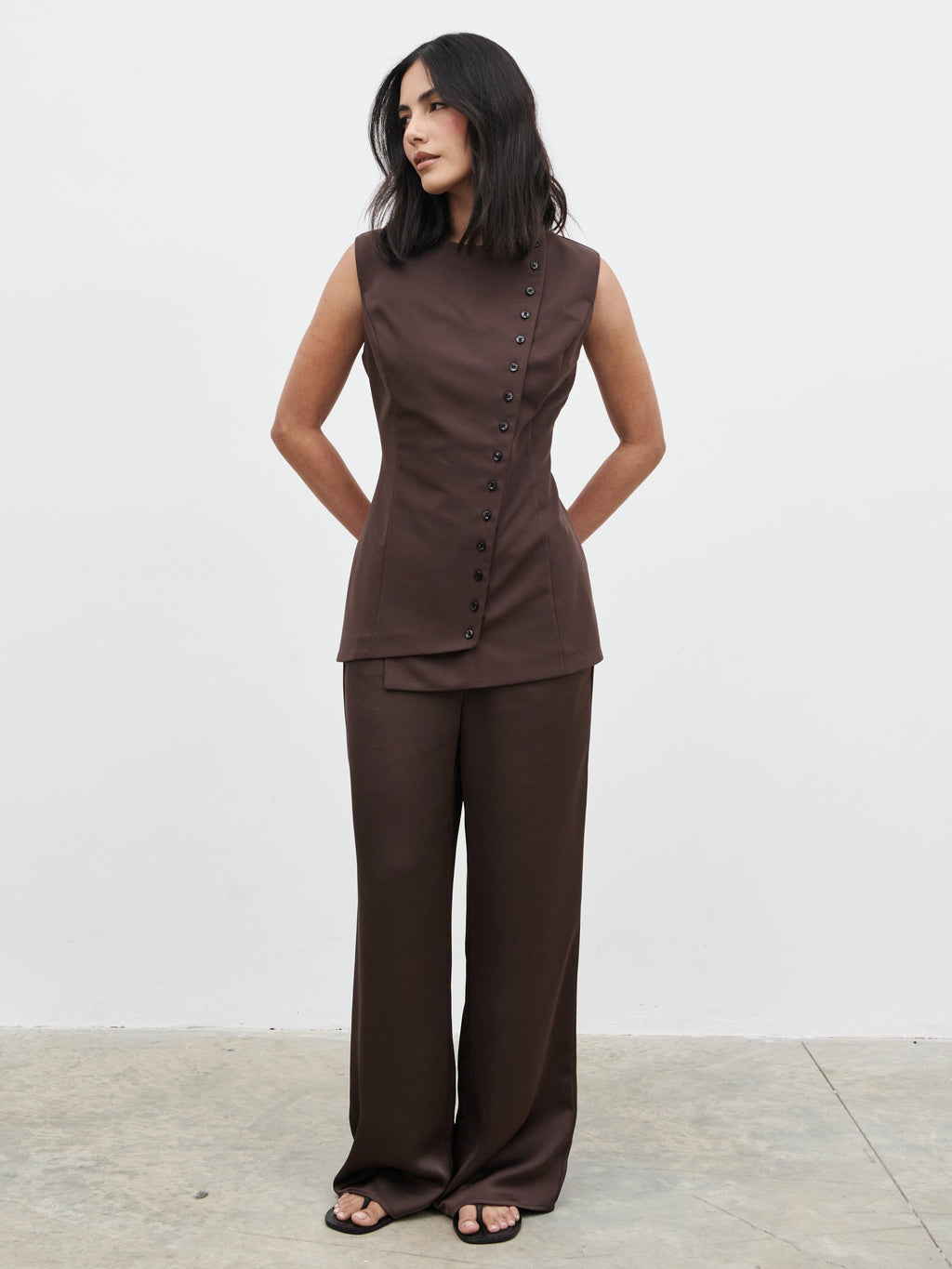 Brylee Asymmetric Button Waistcoat - Brown