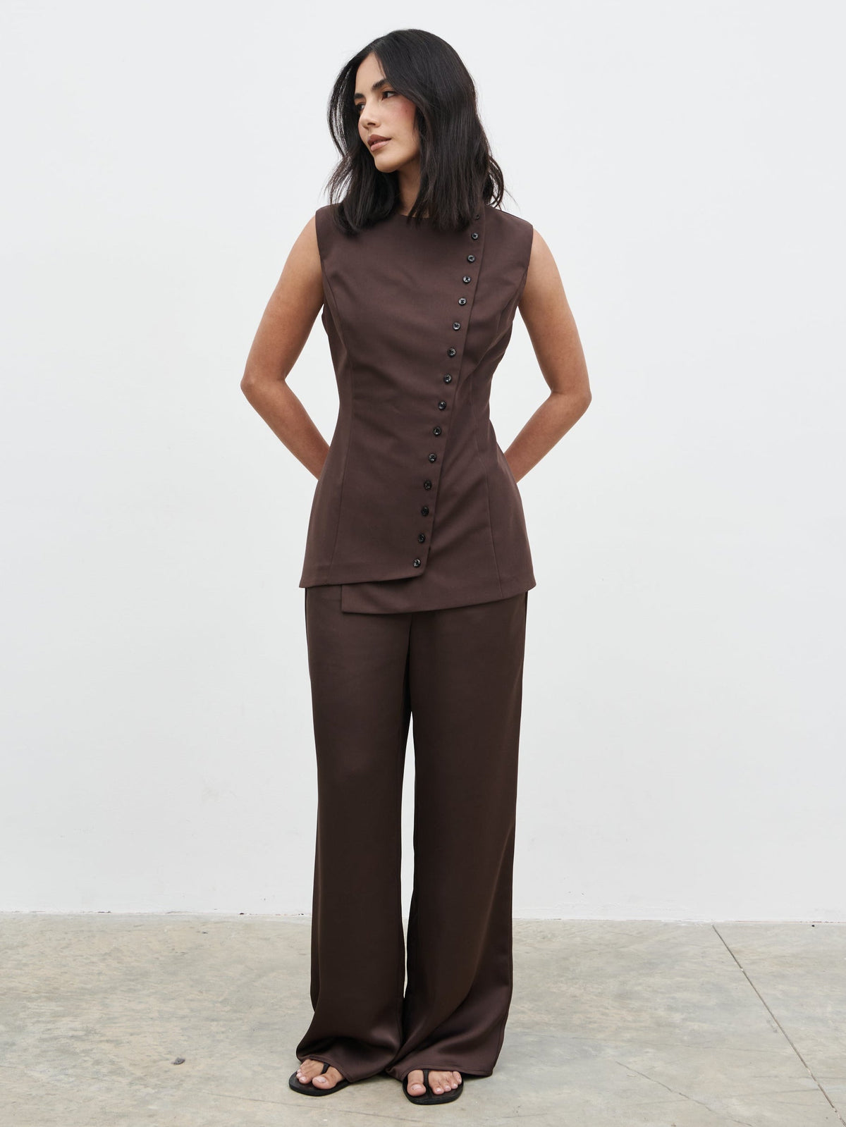 Brylee Asymmetric Button Waistcoat - Brown