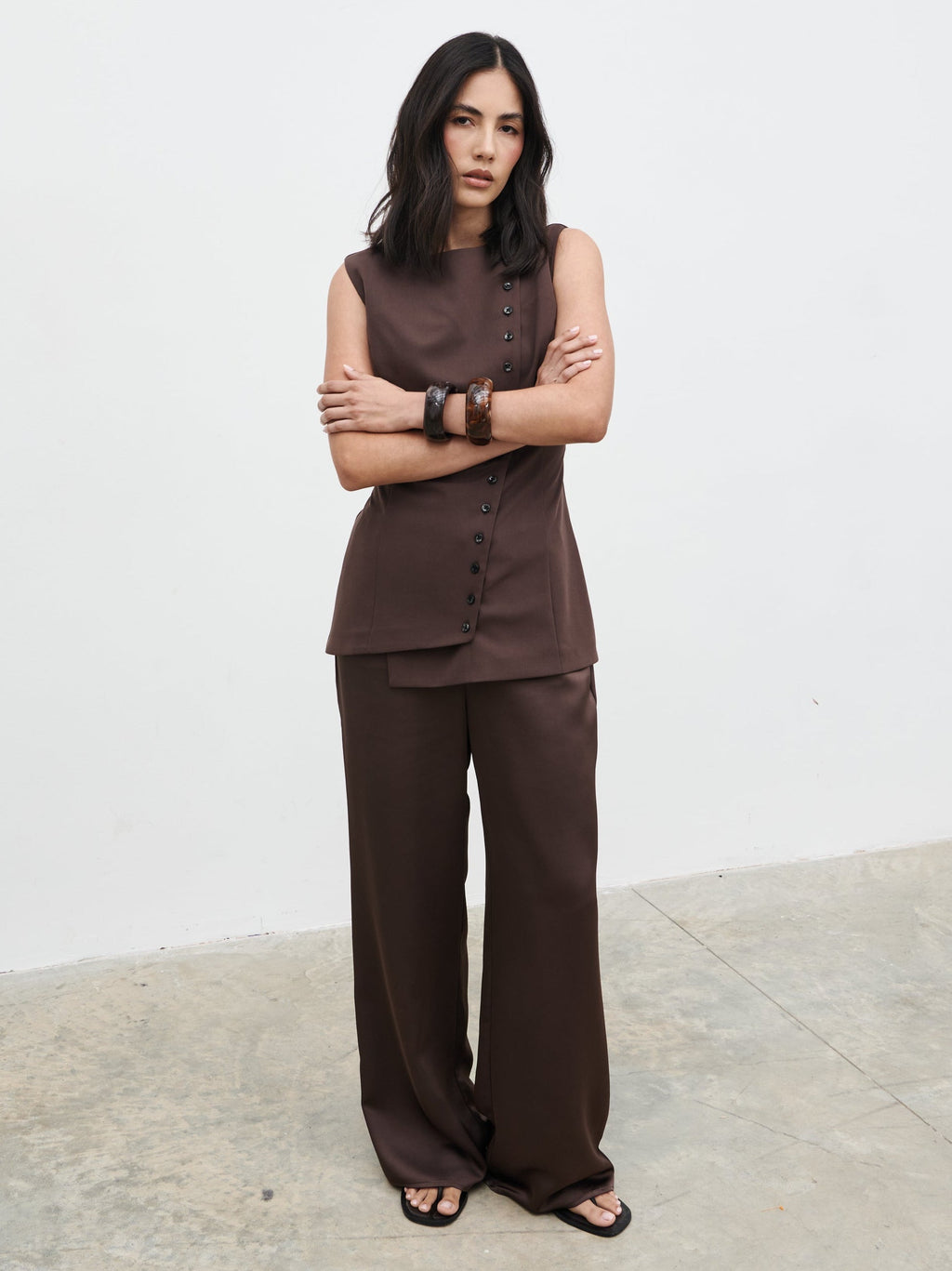 Brylee Asymmetric Button Waistcoat - Brown