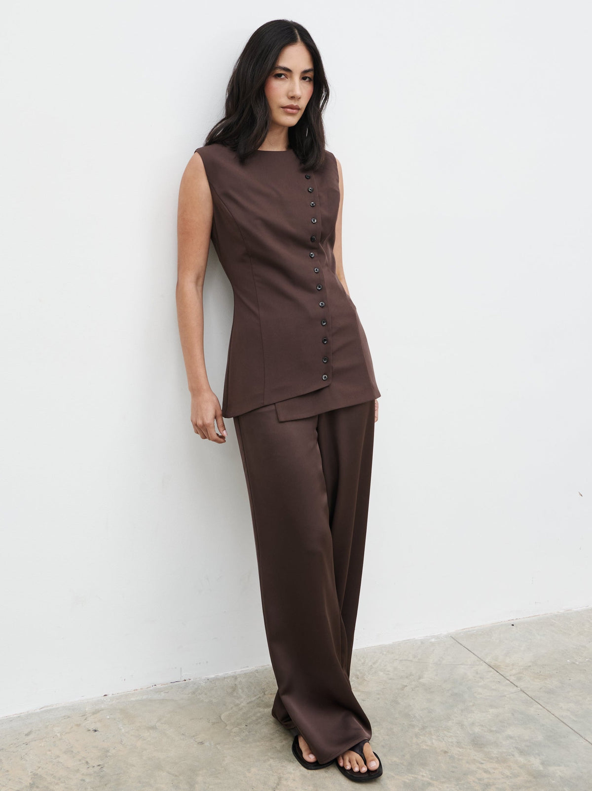 Brylee Asymmetric Button Waistcoat - Brown