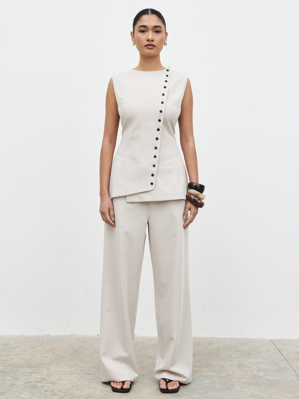 Brylee Asymmetric Button Waistcoat - Stone