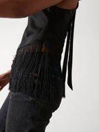 Callie Asymmetric Fringed Top - Black