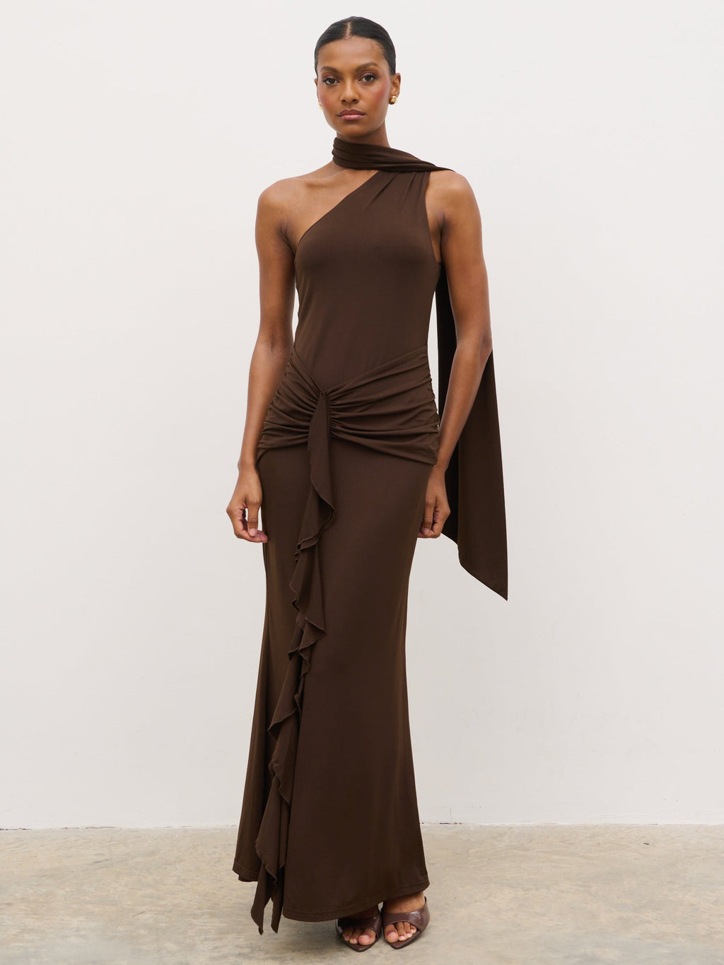 Celina Drape Ruffle Jersey Maxi Dress - Brown