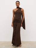 Celina Drape Ruffle Jersey Maxi Dress - Brown