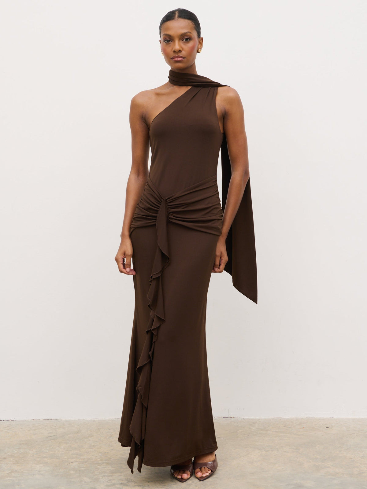Celina Drape Ruffle Jersey Maxi Dress - Brown