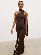 Celina Drape Ruffle Jersey Maxi Dress - Brown
