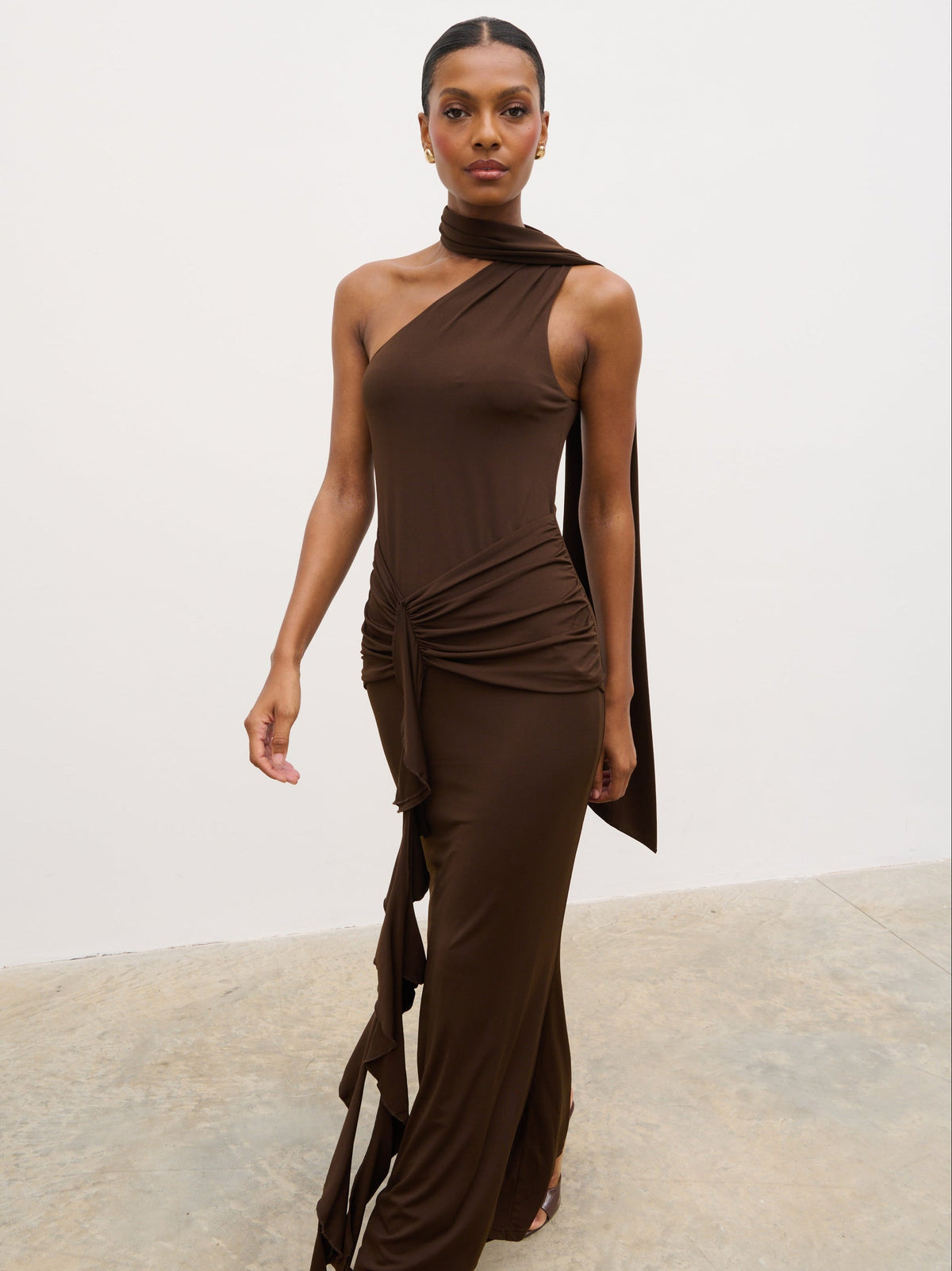 Celina Drape Ruffle Jersey Maxi Dress - Brown