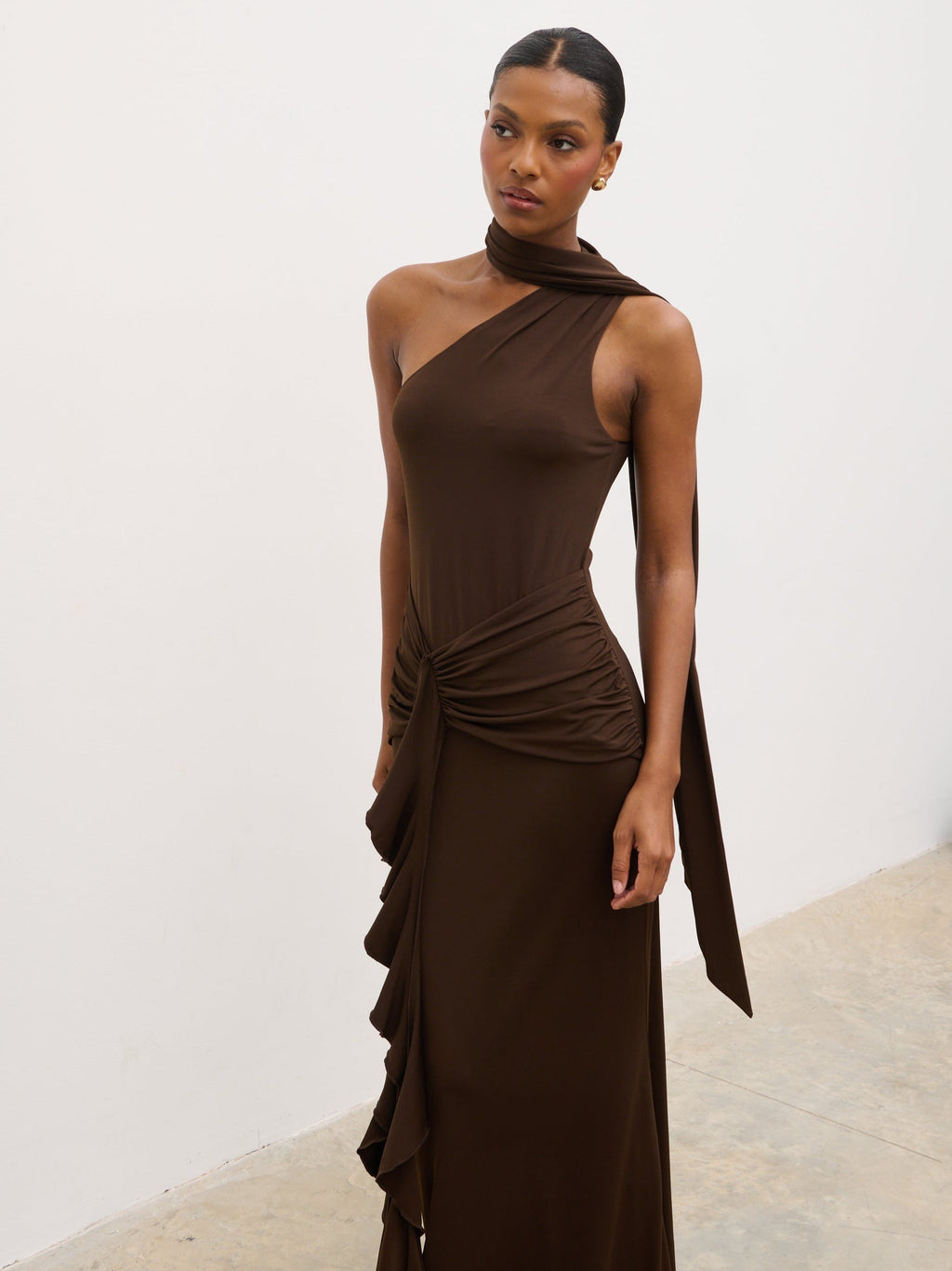 Celina Drape Ruffle Jersey Maxi Dress - Brown