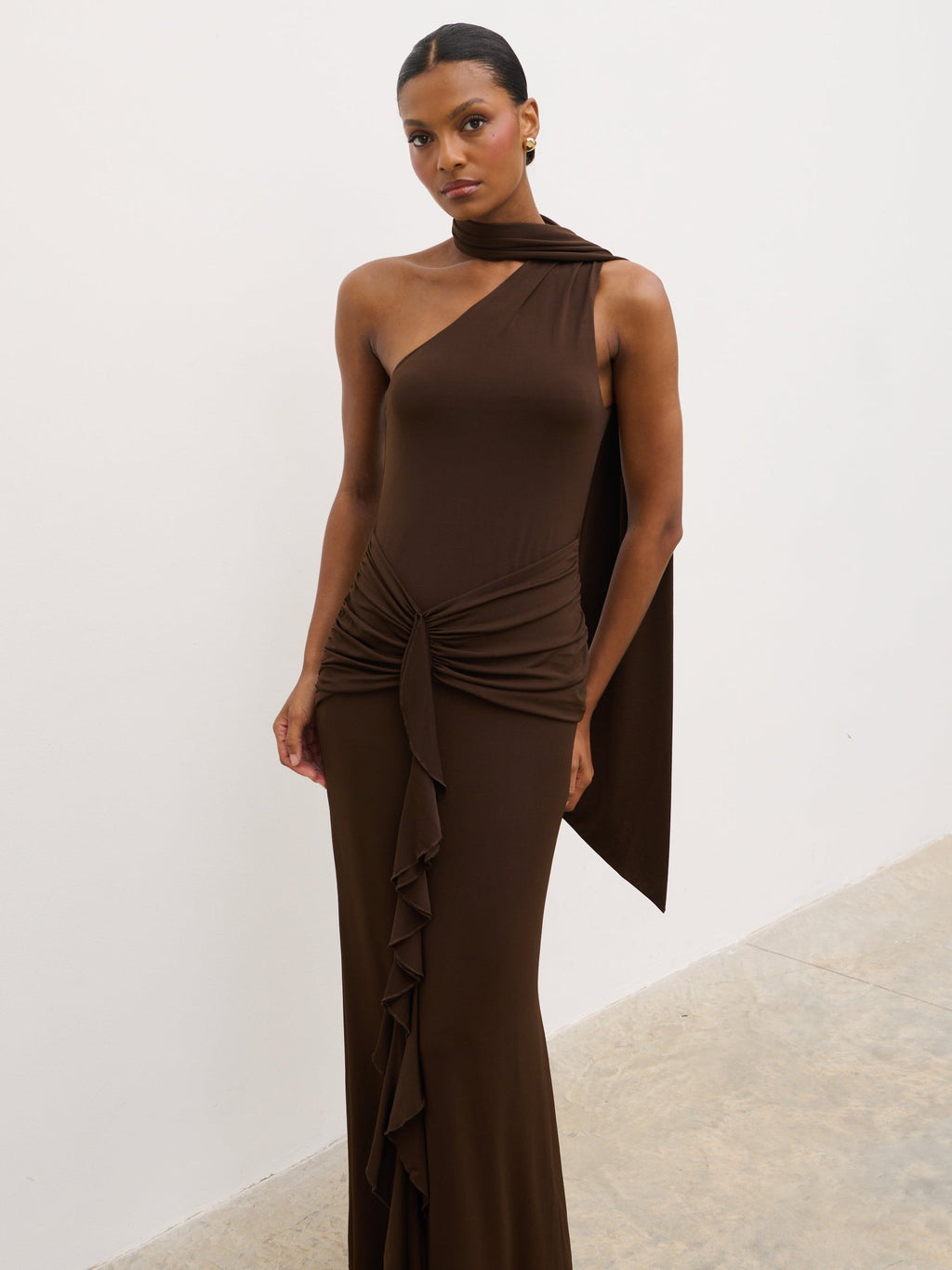 Celina Drape Ruffle Jersey Maxi Dress - Brown