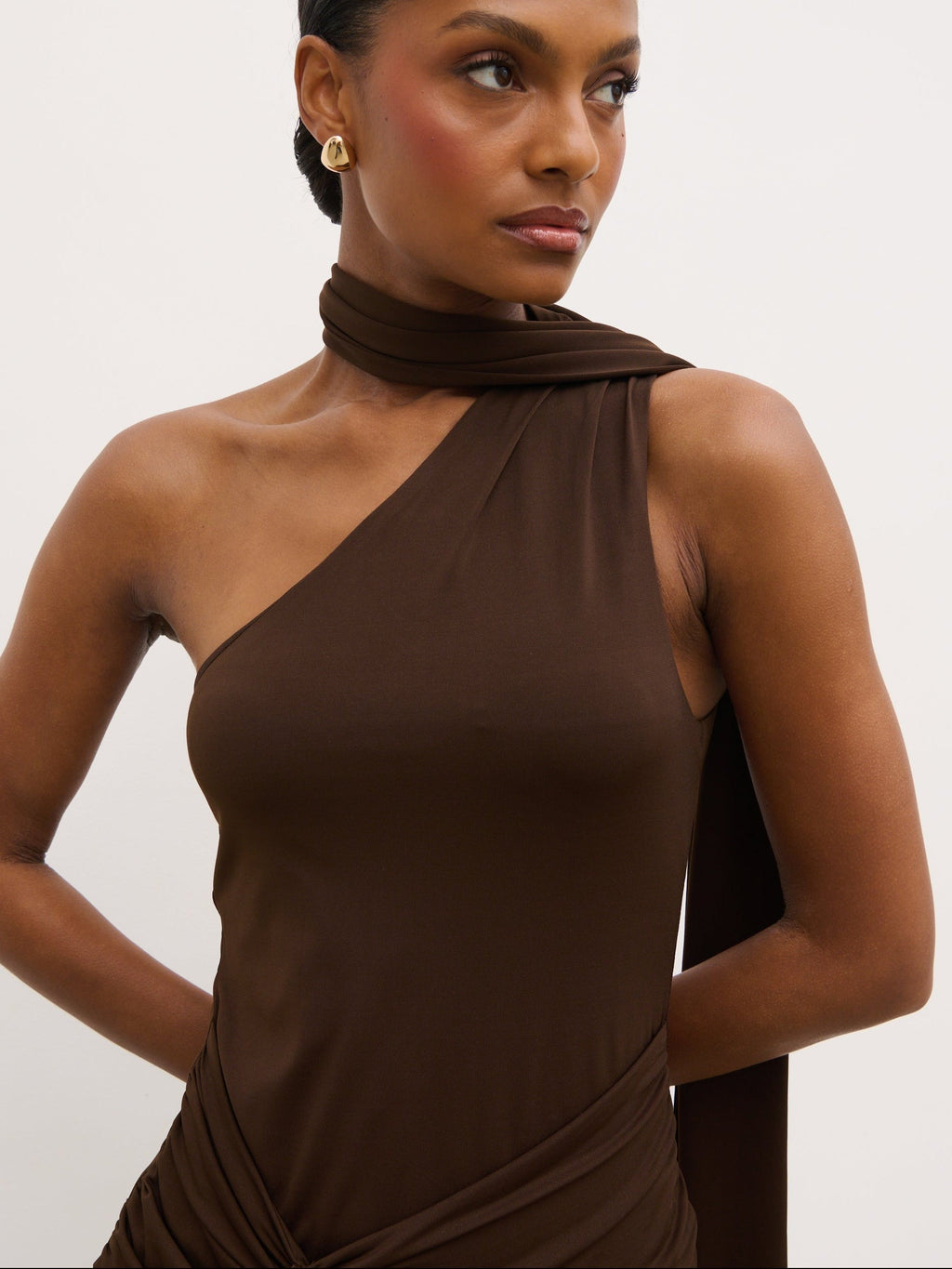 Celina Drape Ruffle Jersey Maxi Dress - Brown