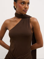 Celina Drape Ruffle Jersey Maxi Dress - Brown