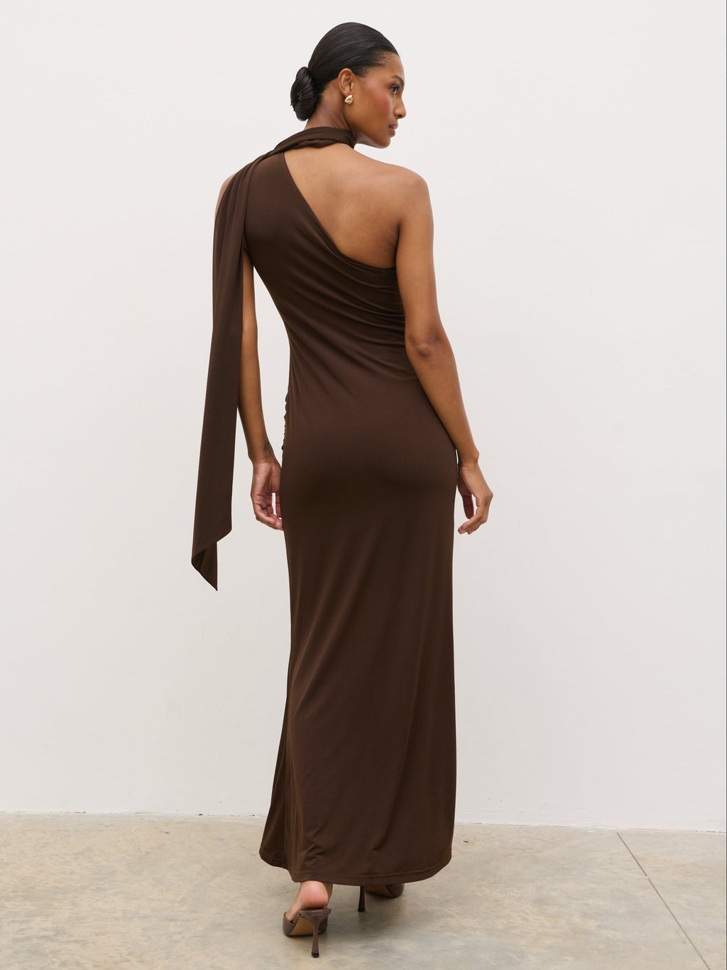 Celina Drape Ruffle Jersey Maxi Dress - Brown