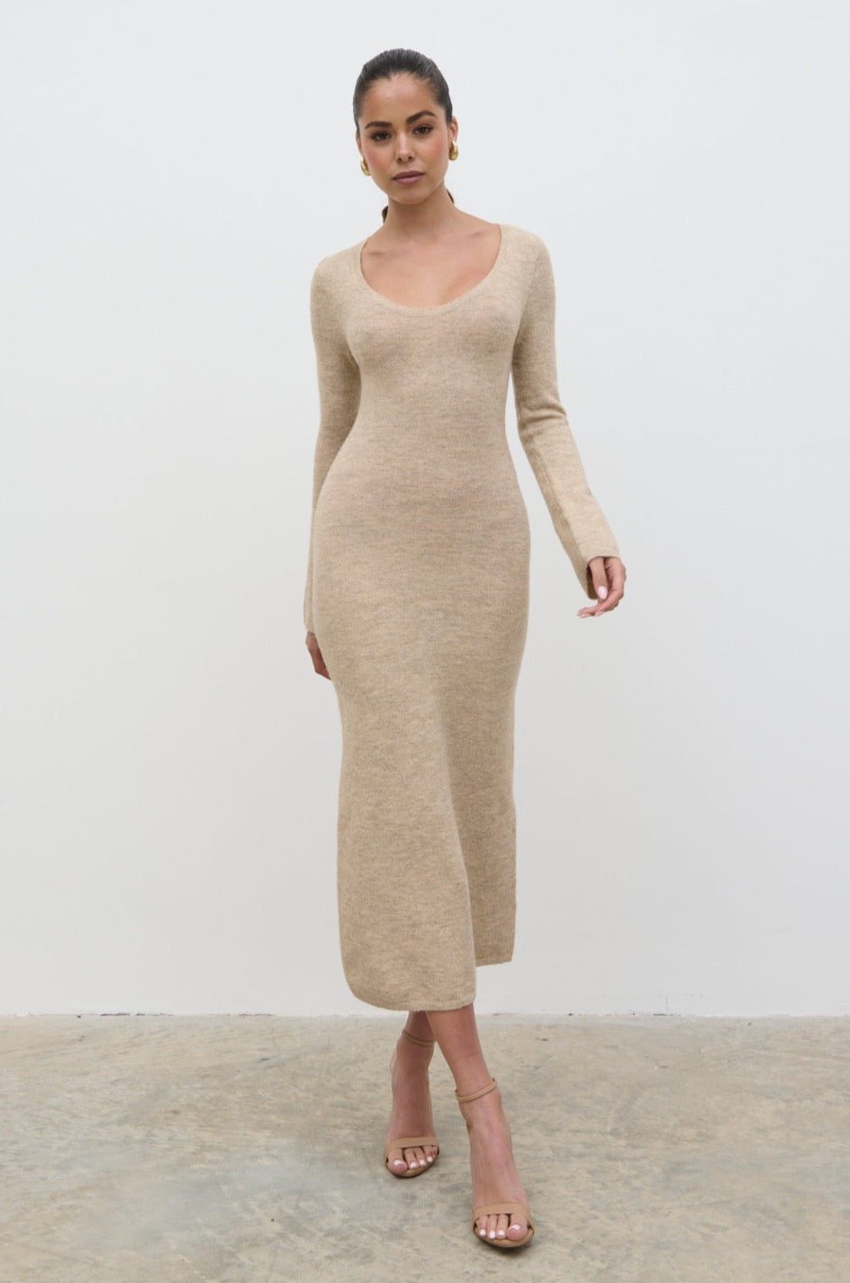 Clara Scoop Neck Knit Dress - Beige