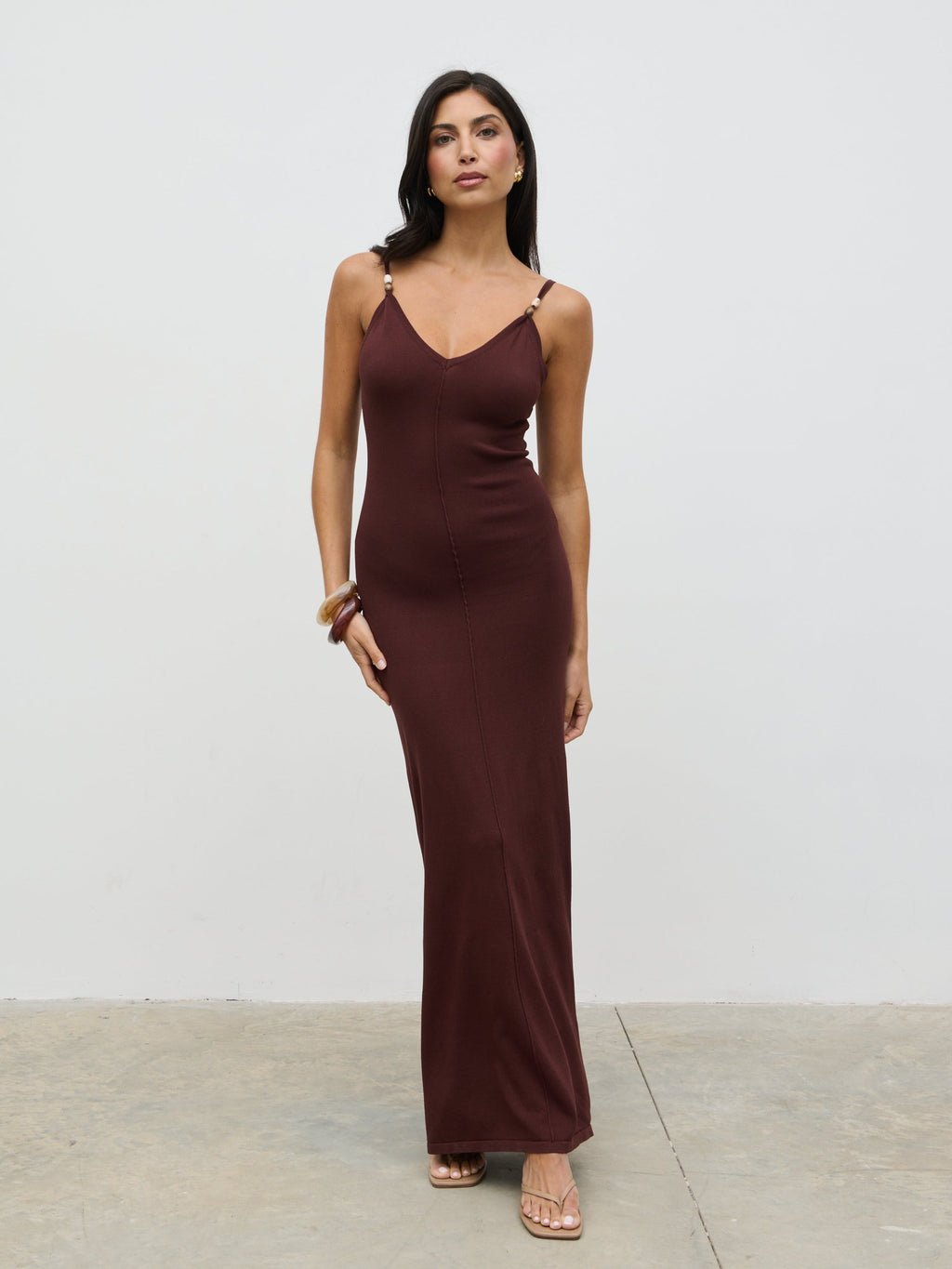 Connie Beaded V Neck Knit Maxi Dress - Brown